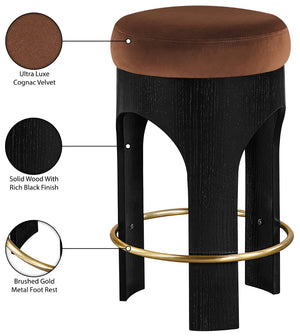 Meridian Furniture Bocceli Art Deco Velvet Counter Stool with Brushed Gold Footrest and Sculpted Wood Frame Cognac B 11058Cognac-C