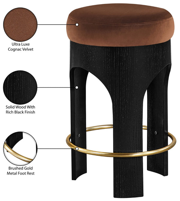 Meridian Furniture Bocceli Art Deco Velvet Counter Stool with Brushed Gold Footrest and Sculpted Wood Frame Cognac B 11058Cognac-C
