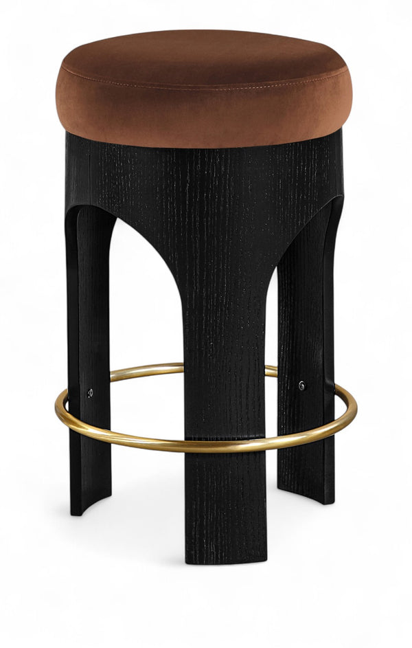 Meridian Furniture Bocceli Art Deco Velvet Counter Stool with Brushed Gold Footrest and Sculpted Wood Frame Cognac B 11058Cognac-C