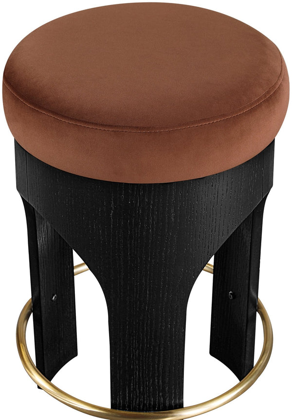 Meridian Furniture Bocceli Art Deco Velvet Counter Stool with Brushed Gold Footrest and Sculpted Wood Frame Cognac B 11058Cognac-C