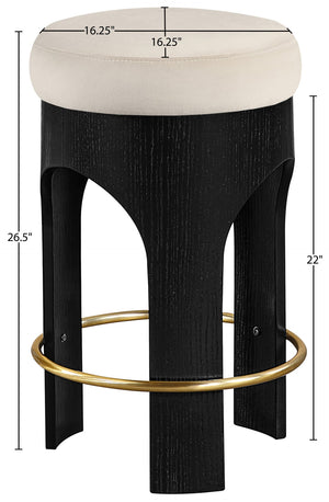 Meridian Furniture Bocceli Art Deco Velvet Counter Stool with Brushed Gold Footrest and Sculpted Wood Frame Cream B 11058Cream-C