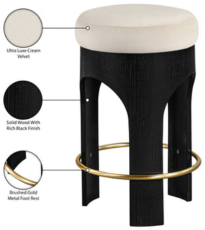 Meridian Furniture Bocceli Art Deco Velvet Counter Stool with Brushed Gold Footrest and Sculpted Wood Frame Cream B 11058Cream-C