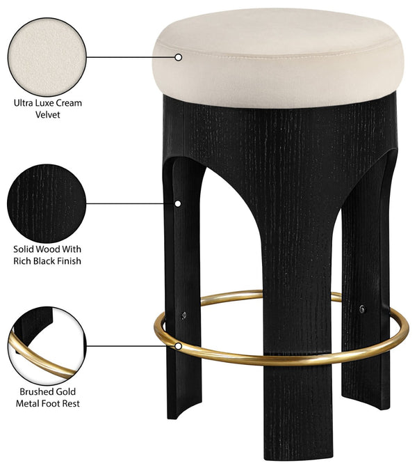 Meridian Furniture Bocceli Art Deco Velvet Counter Stool with Brushed Gold Footrest and Sculpted Wood Frame Cream B 11058Cream-C