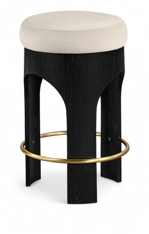 Meridian Furniture Bocceli Art Deco Velvet Counter Stool with Brushed Gold Footrest and Sculpted Wood Frame Cream B 11058Cream-C