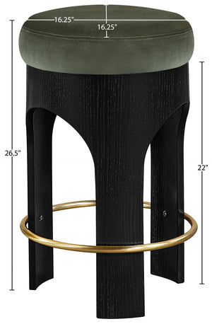 Meridian Furniture Bocceli Art Deco Velvet Counter Stool with Brushed Gold Footrest and Sculpted Wood Frame Green B 11058Green-C