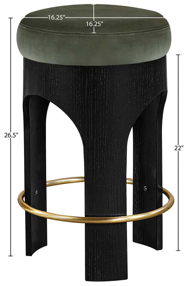 Meridian Furniture Bocceli Art Deco Velvet Counter Stool with Brushed Gold Footrest and Sculpted Wood Frame Green B 11058Green-C