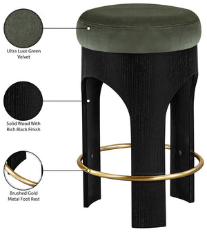 Meridian Furniture Bocceli Art Deco Velvet Counter Stool with Brushed Gold Footrest and Sculpted Wood Frame Green B 11058Green-C