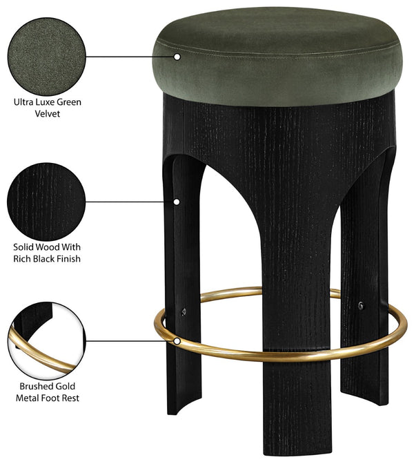 Meridian Furniture Bocceli Art Deco Velvet Counter Stool with Brushed Gold Footrest and Sculpted Wood Frame Green B 11058Green-C