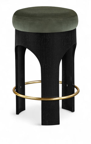 Meridian Furniture Bocceli Art Deco Velvet Counter Stool with Brushed Gold Footrest and Sculpted Wood Frame Green B 11058Green-C