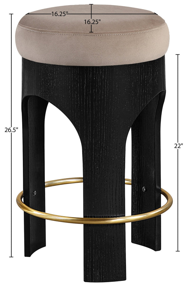 Meridian Furniture Bocceli Art Deco Velvet Counter Stool with Brushed Gold Footrest and Sculpted Wood Frame Taupe B 11058Taupe-C
