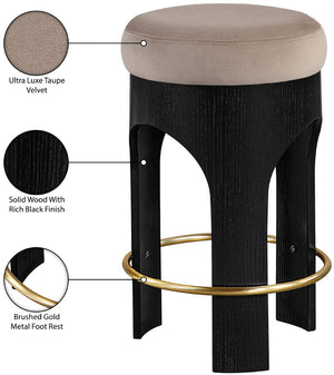 Meridian Furniture Bocceli Art Deco Velvet Counter Stool with Brushed Gold Footrest and Sculpted Wood Frame Taupe B 11058Taupe-C