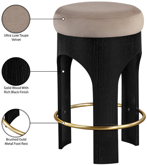 Meridian Furniture Bocceli Art Deco Velvet Counter Stool with Brushed Gold Footrest and Sculpted Wood Frame Taupe B 11058Taupe-C