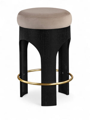 Meridian Furniture Bocceli Art Deco Velvet Counter Stool with Brushed Gold Footrest and Sculpted Wood Frame Taupe B 11058Taupe-C