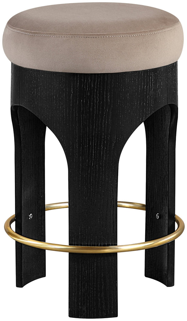 Meridian Furniture Bocceli Art Deco Velvet Counter Stool with Brushed Gold Footrest and Sculpted Wood Frame Taupe B 11058Taupe-C