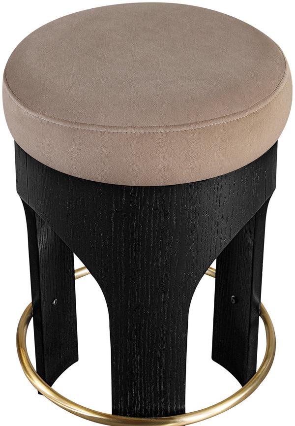 Meridian Furniture Bocceli Art Deco Velvet Counter Stool with Brushed Gold Footrest and Sculpted Wood Frame Taupe B 11058Taupe-C