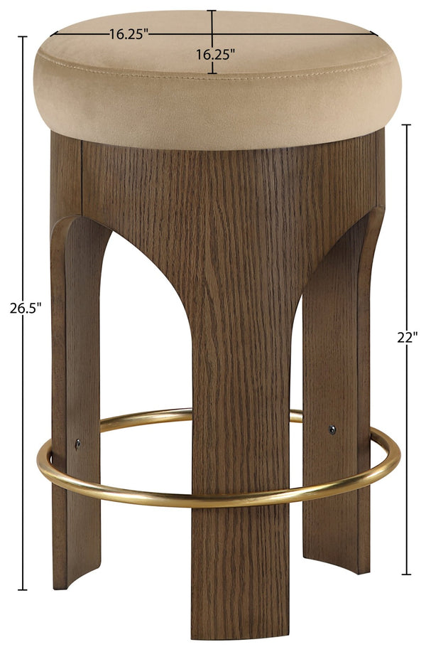 Meridian Furniture Bocceli Art Deco Velvet Counter Stool with Brushed Gold Footrest and Sculpted Wood Frame Beige C 11059Beige-C