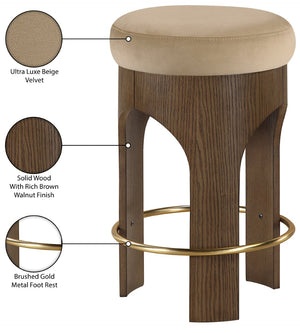 Meridian Furniture Bocceli Art Deco Velvet Counter Stool with Brushed Gold Footrest and Sculpted Wood Frame Beige C 11059Beige-C