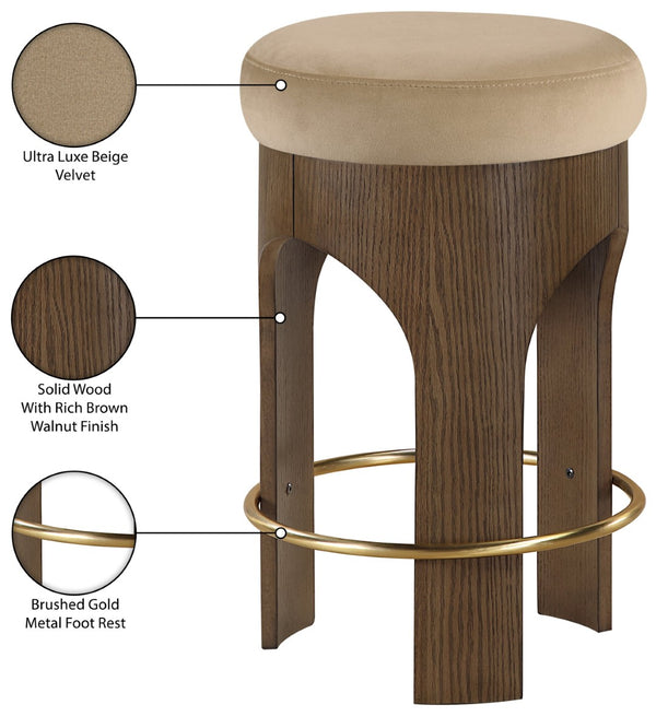 Meridian Furniture Bocceli Art Deco Velvet Counter Stool with Brushed Gold Footrest and Sculpted Wood Frame Beige C 11059Beige-C