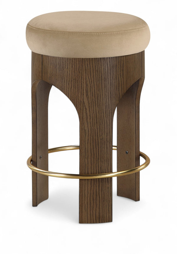Meridian Furniture Bocceli Art Deco Velvet Counter Stool with Brushed Gold Footrest and Sculpted Wood Frame Beige C 11059Beige-C