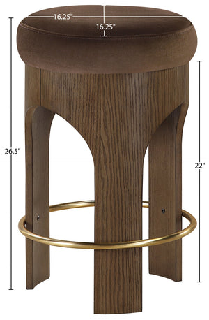 Meridian Furniture Bocceli Art Deco Velvet Counter Stool with Brushed Gold Footrest and Sculpted Wood Frame Brown C 11059Brown-C