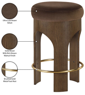 Meridian Furniture Bocceli Art Deco Velvet Counter Stool with Brushed Gold Footrest and Sculpted Wood Frame Brown C 11059Brown-C