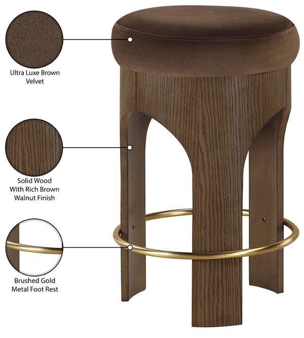 Meridian Furniture Bocceli Art Deco Velvet Counter Stool with Brushed Gold Footrest and Sculpted Wood Frame Brown C 11059Brown-C