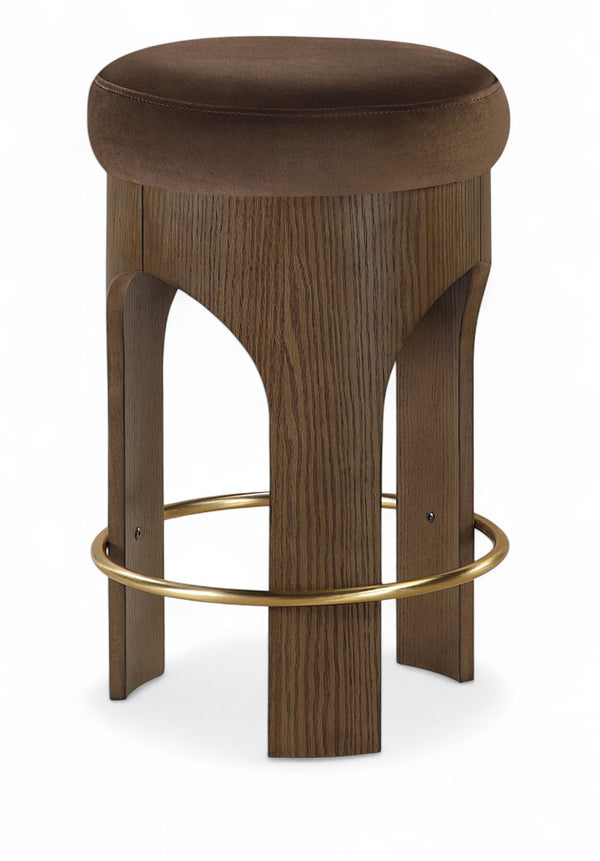 Meridian Furniture Bocceli Art Deco Velvet Counter Stool with Brushed Gold Footrest and Sculpted Wood Frame Brown C 11059Brown-C