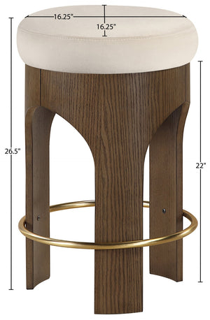 Meridian Furniture Bocceli Art Deco Velvet Counter Stool with Brushed Gold Footrest and Sculpted Wood Frame Cream C 11059Cream-C
