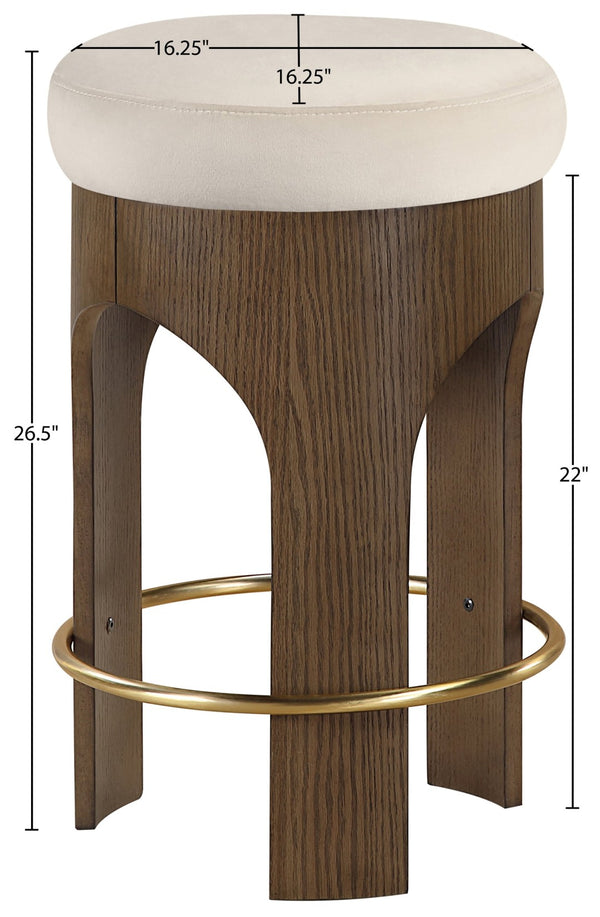 Meridian Furniture Bocceli Art Deco Velvet Counter Stool with Brushed Gold Footrest and Sculpted Wood Frame Cream C 11059Cream-C