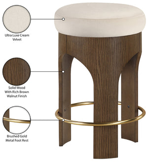 Meridian Furniture Bocceli Art Deco Velvet Counter Stool with Brushed Gold Footrest and Sculpted Wood Frame Cream C 11059Cream-C
