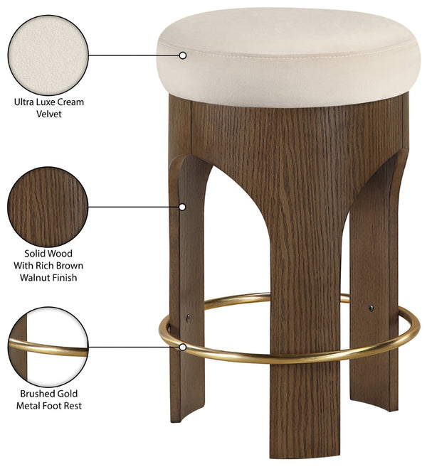 Meridian Furniture Bocceli Art Deco Velvet Counter Stool with Brushed Gold Footrest and Sculpted Wood Frame Cream C 11059Cream-C