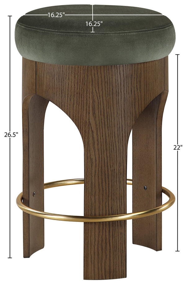 Meridian Furniture Bocceli Art Deco Velvet Counter Stool with Brushed Gold Footrest and Sculpted Wood Frame Green C 11059Green-C