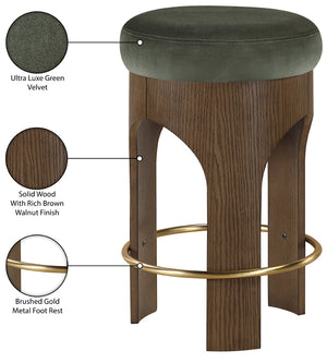 Meridian Furniture Bocceli Art Deco Velvet Counter Stool with Brushed Gold Footrest and Sculpted Wood Frame Green C 11059Green-C