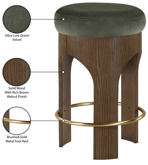 Meridian Furniture Bocceli Art Deco Velvet Counter Stool with Brushed Gold Footrest and Sculpted Wood Frame Green C 11059Green-C