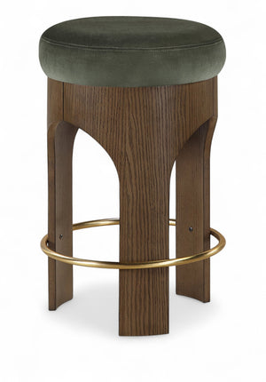 Meridian Furniture Bocceli Art Deco Velvet Counter Stool with Brushed Gold Footrest and Sculpted Wood Frame Green C 11059Green-C