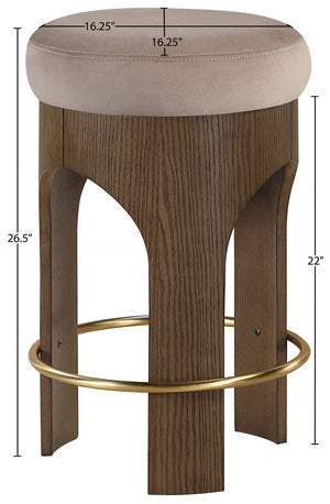 Meridian Furniture Bocceli Art Deco Velvet Counter Stool with Brushed Gold Footrest and Sculpted Wood Frame Taupe C 11059Taupe-C