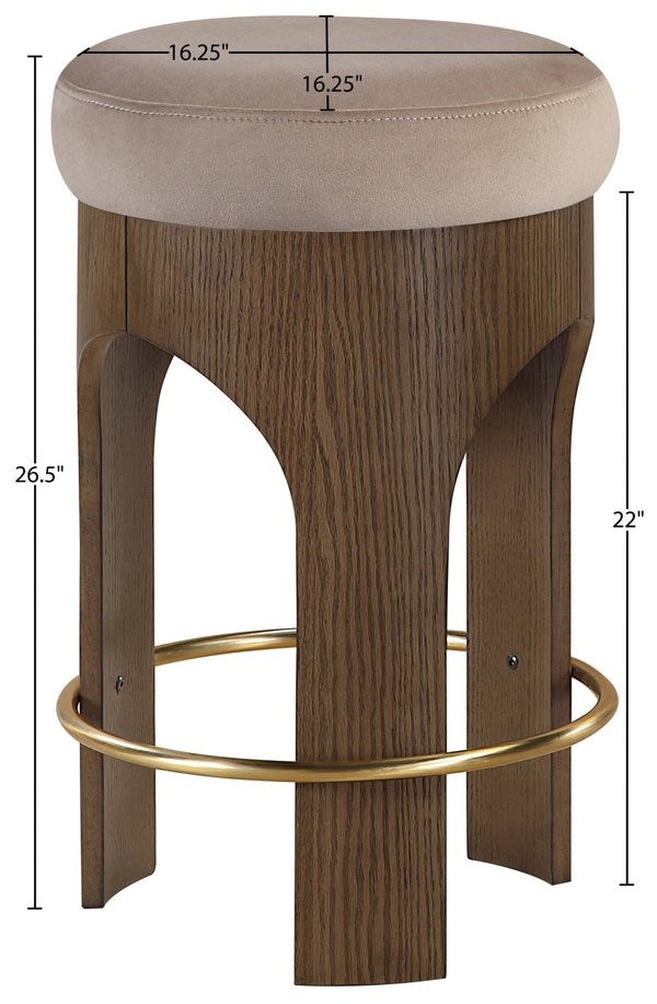 Meridian Furniture Bocceli Art Deco Velvet Counter Stool with Brushed Gold Footrest and Sculpted Wood Frame Taupe C 11059Taupe-C