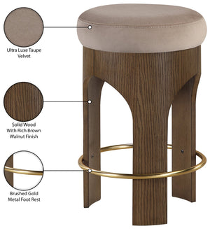 Meridian Furniture Bocceli Art Deco Velvet Counter Stool with Brushed Gold Footrest and Sculpted Wood Frame Taupe C 11059Taupe-C