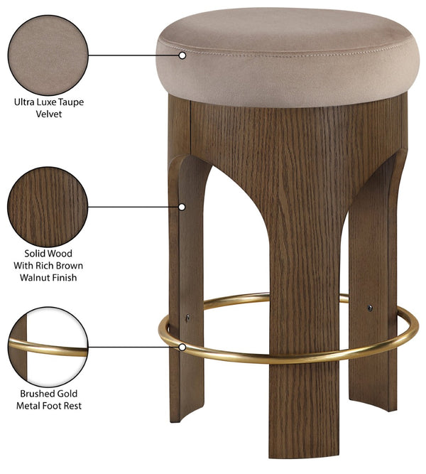 Meridian Furniture Bocceli Art Deco Velvet Counter Stool with Brushed Gold Footrest and Sculpted Wood Frame Taupe C 11059Taupe-C