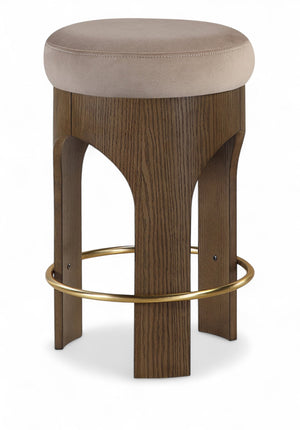 Meridian Furniture Bocceli Art Deco Velvet Counter Stool with Brushed Gold Footrest and Sculpted Wood Frame Taupe C 11059Taupe-C