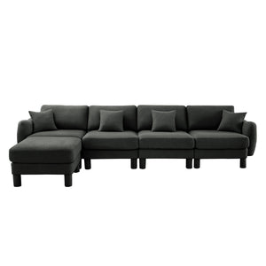 English Elm Boucle Fabric L-Shaped Sectional Sofa For 4 With Shell-Shaped Armrests & Removable Ottoman, Dark Grey W3041S00304