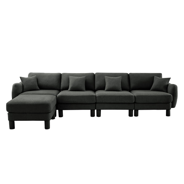 English Elm Boucle Fabric L-Shaped Sectional Sofa For 4 With Shell-Shaped Armrests & Removable Ottoman, Dark Grey W3041S00304