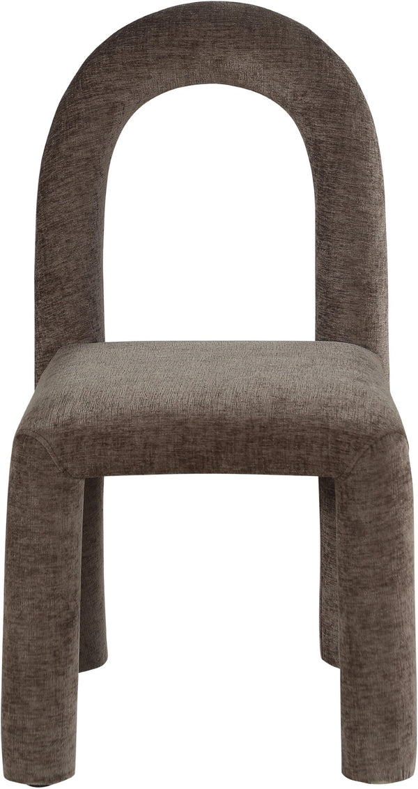 Meridian Furniture Amari Sculptural Open Back Dining Chair with Iron Frame and Plush Upholstery for Modern Brown Chenille Fabric 11061Brown-C