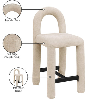 Meridian Furniture Amari Sculptural Open Back Upholstered Counter Stool for Stylish Kitchen Island Seating Beige Chenille Fabric 11062Beige-C