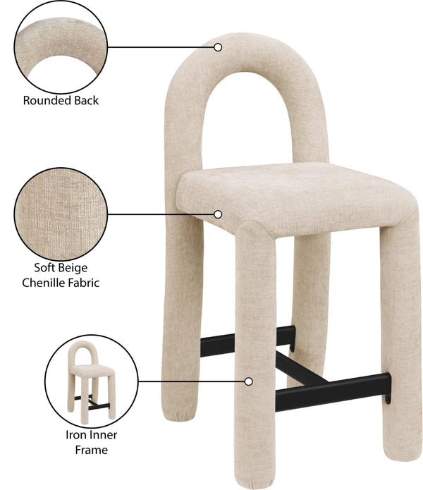 Meridian Furniture Amari Sculptural Open Back Upholstered Counter Stool for Stylish Kitchen Island Seating Beige Chenille Fabric 11062Beige-C