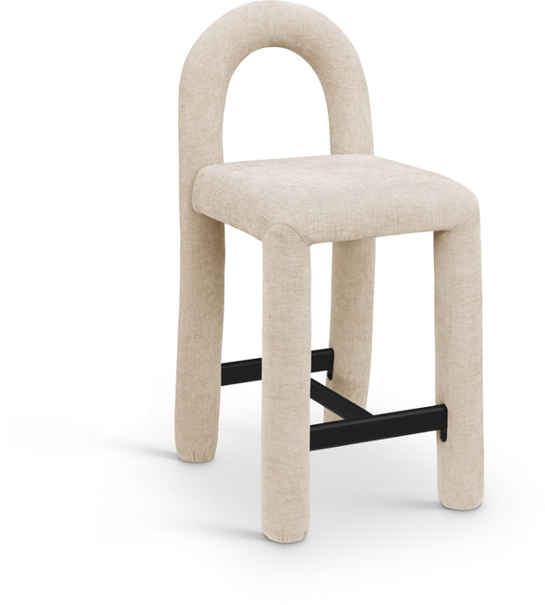 Meridian Furniture Amari Sculptural Open Back Upholstered Counter Stool for Stylish Kitchen Island Seating Beige Chenille Fabric 11062Beige-C