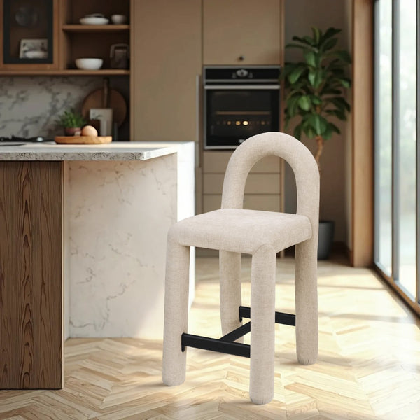 Meridian Furniture Amari Sculptural Open Back Upholstered Counter Stool for Stylish Kitchen Island Seating Beige Chenille Fabric 11062Beige-C