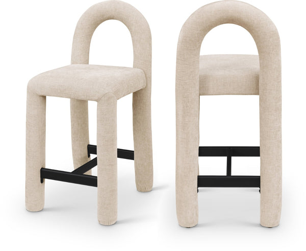 Meridian Furniture Amari Sculptural Open Back Upholstered Counter Stool for Stylish Kitchen Island Seating Beige Chenille Fabric 11062Beige-C