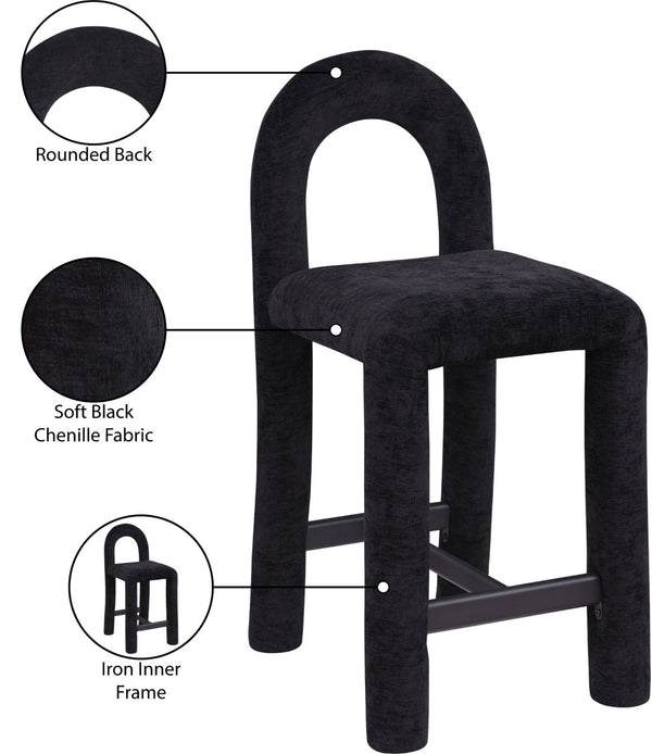 Meridian Furniture Amari Sculptural Open Back Upholstered Counter Stool for Stylish Kitchen Island Seating Black Chenille Fabric 11062Black-C