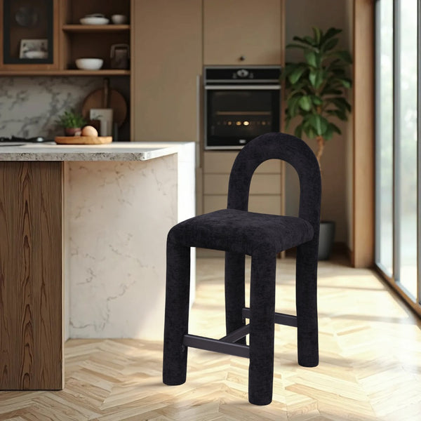 Meridian Furniture Amari Sculptural Open Back Upholstered Counter Stool for Stylish Kitchen Island Seating Black Chenille Fabric 11062Black-C